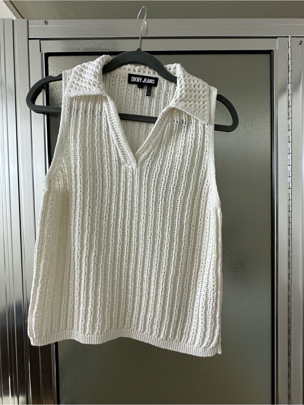 DKNY Cream Crochet Knit Sleeveless Polo Tank
